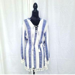 Blue Island Striped Long Sleeve Summer Dress Blue White Rayon Tassels Boho s-M